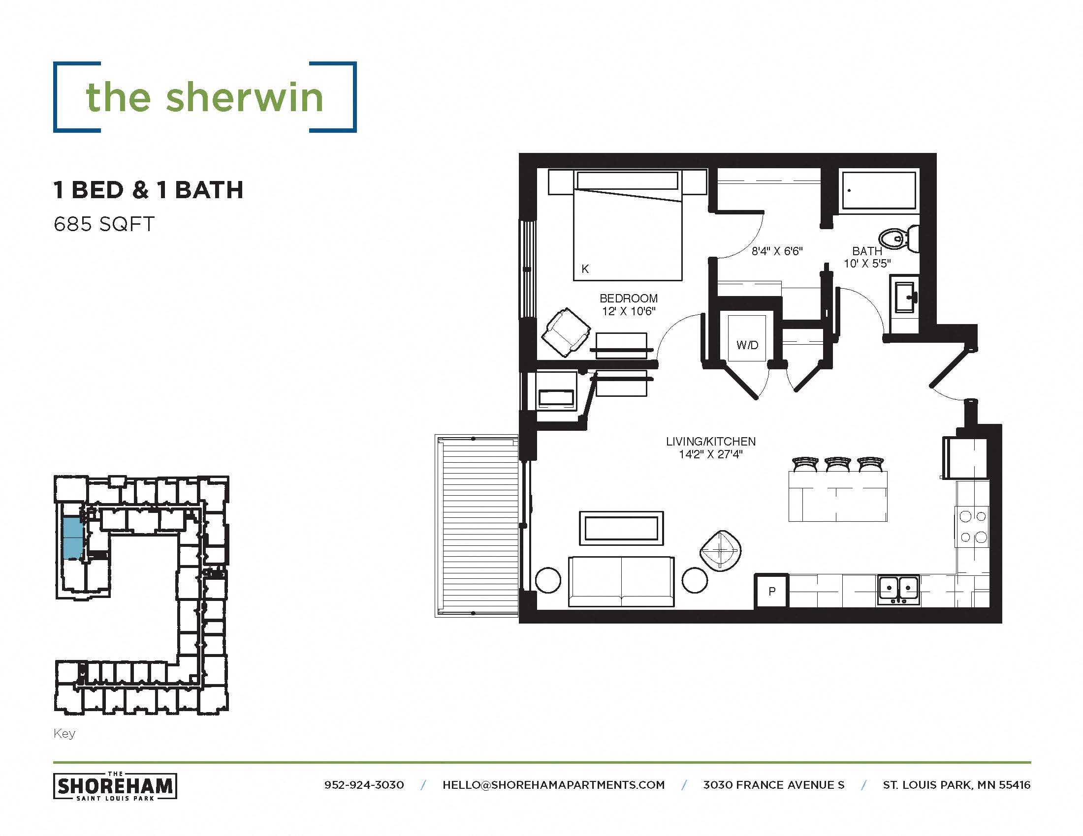 Floor plan for 1 bed, 1 bath, 685 sqft